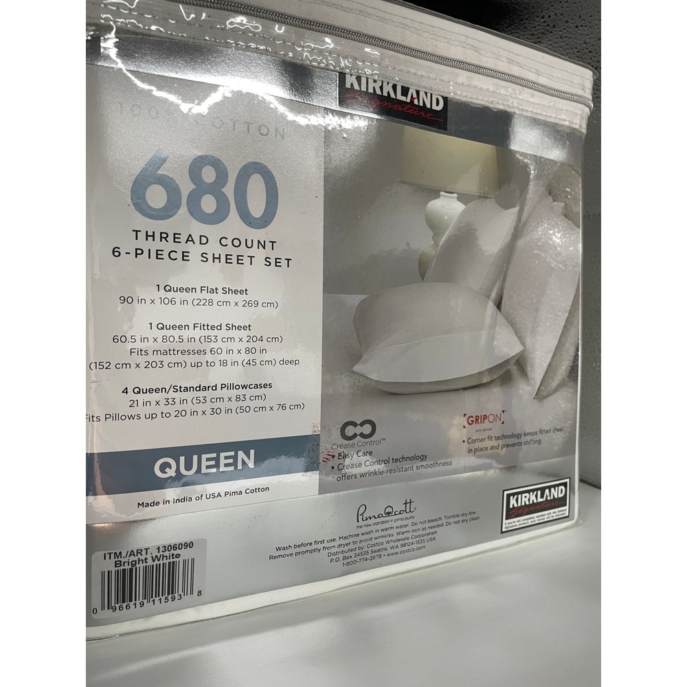 Kirkland Signature 6-Piece Sheet Set Queen White NEW 680TC Pima Cotton 1306090